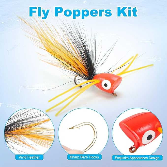 Fly Fishing Poppers Flies, Fly Popper Lures Bass Bluegill Crappie Trout Salmon Panfish Perch Popper Flies Kit for Fly Fishing