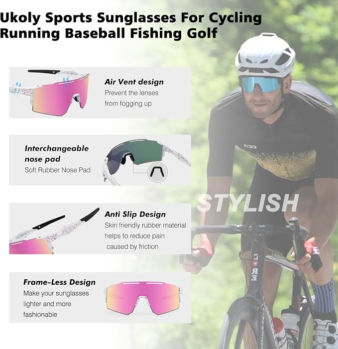 Ukoly Cycling Sunglasses for Men Women with 3 Interchangeable Lenses, Polarized Sports Sunglasses, Baseball Sunglasses