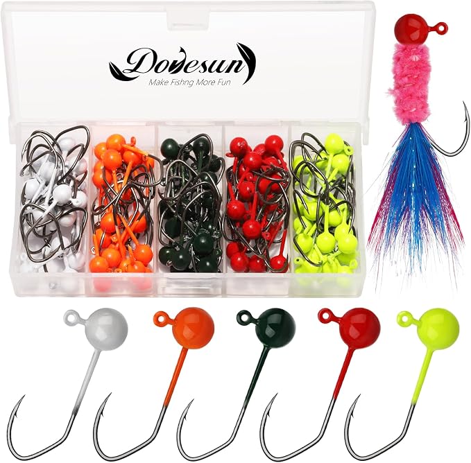 Dovesun 100pcs Fly Tying Jigs Kit, Jig Heads for Fly Fishing 1/124oz 1/80oz 1/64oz 1/32oz 1/16oz Jig Head Small Fly Fishing Hooks DIY Lure Making Kit Suit for Tying Flies | Crappie Lures