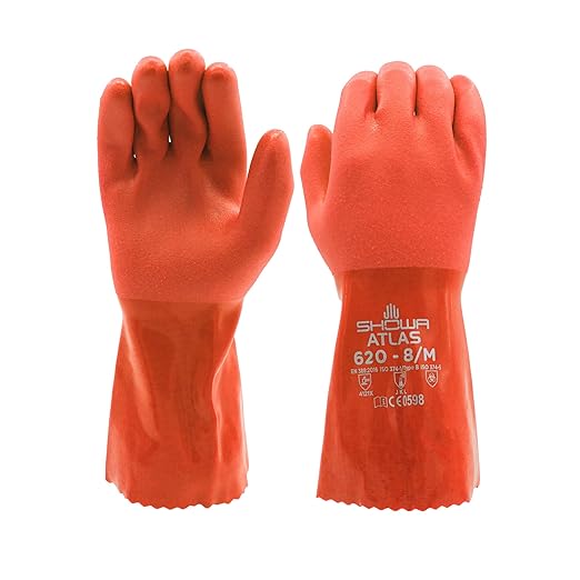SHOWA Atlas 620 Double-Dipped PVC Chemical Resistant Gloves, Rough Finish Grip, Seamless Cotton Liner, 12" Length, Latex-Free, Orange, X-Large, 1 Pair