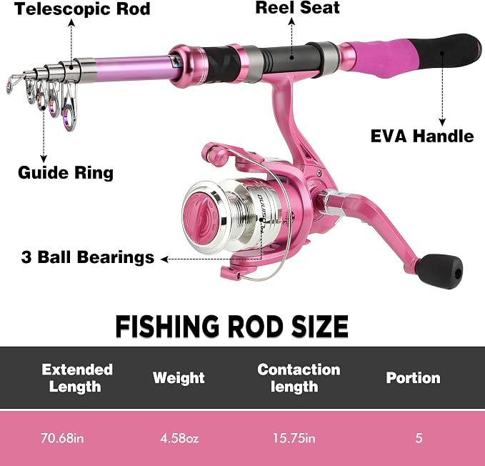 Fishing Rod and Reel Combos, Fishing Gear Gifts for Women with Spinning Reel, Lures, Line, Pink Ladies Telescopic Pole Kit Designed for Girls Adults by PLUSINNO