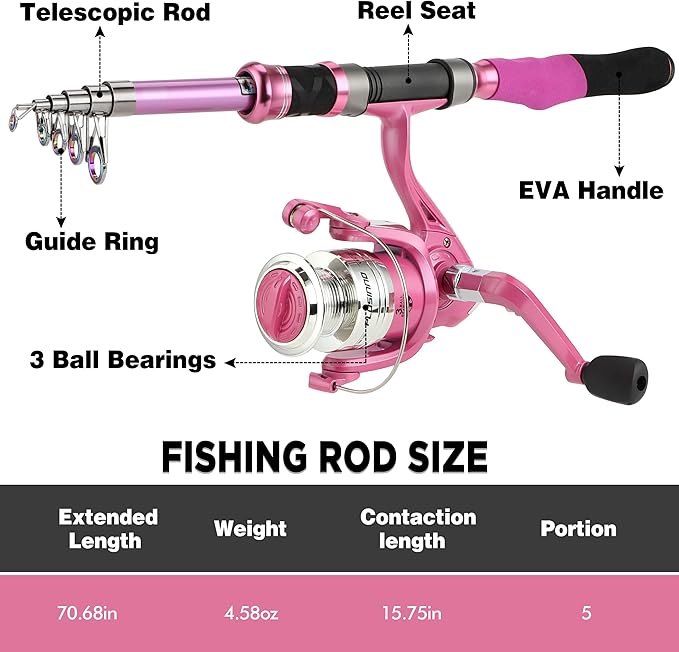 Fishing Rod and Reel Combos, Fishing Gear Gifts for Women with Spinning Reel, Lures, Line, Pink Ladies Telescopic Pole Kit Designed for Girls Adults by PLUSINNO