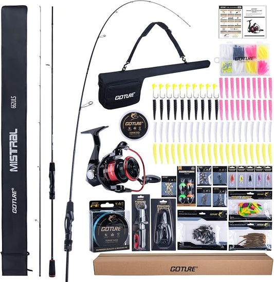 Goture Fishing Rod and Reel Combos, 2-Piece Ultralight Trout Fishing Pole Spinning Reel Line Lures Set with Carrier Bag, Spinning Rod Kit for Starter Travel Saltwater Freshwater, Gifts for Men