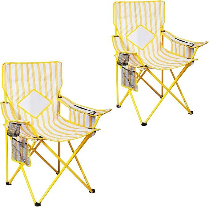 Nazhura 2 Pack Folding Camping Chair with Cooler Pouch, Mesh Backrest and Cup Holder Pocket (Yellow, 2 Pack)