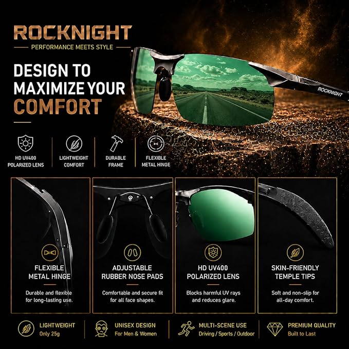 ROCKNIGHT Polarized Rectangular Sunglasses for Men Driving UV400 Protection Lightweight Al‑Mg Frame