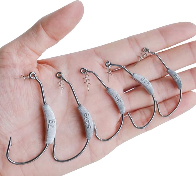 25 Pcs/Box Weighted Swimbait Hooks, Weighted Fishing Hooks Saltwater Worm Weedless Hooks for Bass Fishing Mixed 5 Size 1/0 2/0 3/0 4/0 5/0