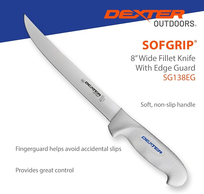Dexter Outdoors 8" SOFGRIP Wide Fillet Knife | Includes Edge Guard | High-Carbon American Stainless Steel Blade | Resists Corrosion | Comfortable, Slip-Resistant Handle | Made in USA