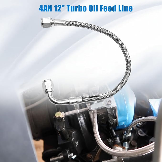 GXARTS 4AN Turbo Oil Feed Line - 12" Stainless Steel Braided Hose - 90 Degree Straight End Straight Hose End 4AN Pressure Stainless Remote Turbocharger Oil Drain Return PTFE Line End