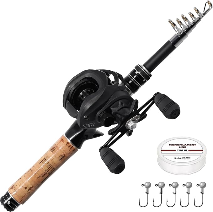 Kilitn Fishing Rod and Reel Combo, Ultra-Light Baitcasting Combo Baitcast Reel Durable Fiberglass Telescopic Rod with Comfortable Handle for Freshwater or Saltwater Fishing