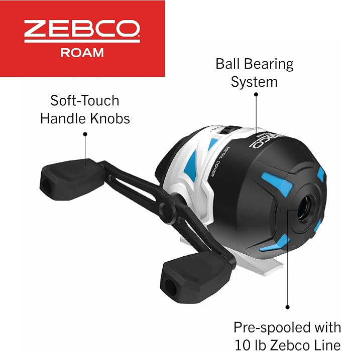 Zebco Roam Spincast Reel and Fishing Rod Combo, 6-Foot 2-Piece Fiberglass Fishing Pole with ComfortGrip Handle, Quickset Anti-Reverse Fishing Reel, Pre-Spooled with 10-Pound Zebco Line