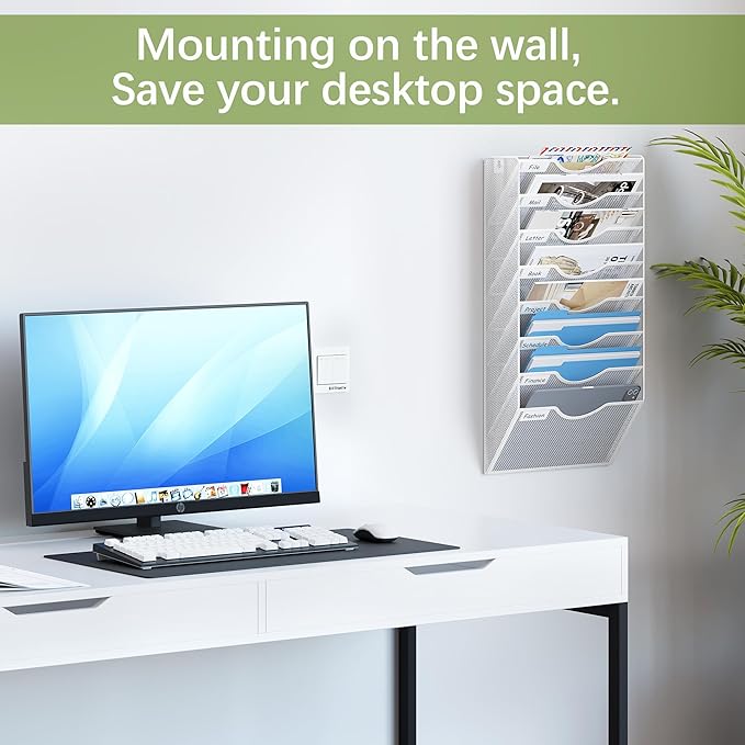 EasyPAG 8 Pocket Mesh Wall File Organizer, Hanging Paper Folder Holder with Classify Label, Vertical Wall Mount Mail Organizer for Office Home Classroom, White