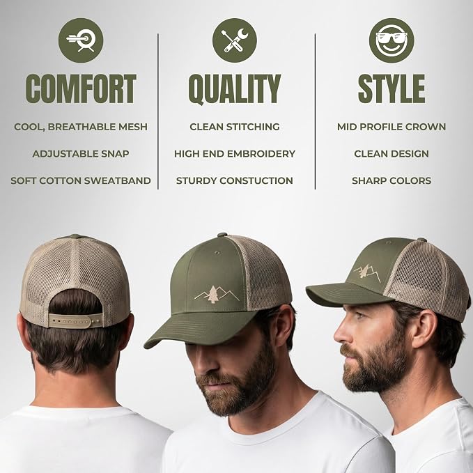 LINDO Trucker Hat [ Great Outdoors Design ] for Men and Women: Mid Profile Cap with Breathable Mesh Back and Adjustable Snap