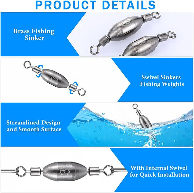 Seenelling 20 Pcs Brass Fishing Sinker Swivel Fishing Weights Saltwater Bullet Sinkers Drop Shot Weight Egg Sinkers with Swivel Rolling Removable Freshwater