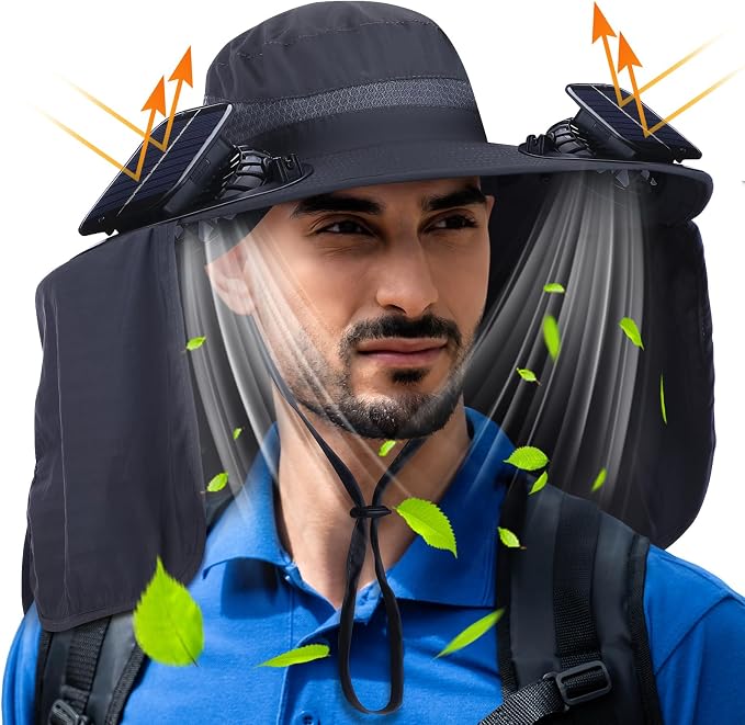 Chuarry Wide Brim Sun Hat with 2 Solar Fans and Neck Flap Outdoor Solar Powered USB Charging Bucket Fishing Hat for Men Women
