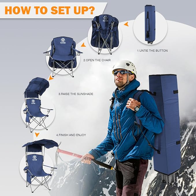 Elevon Camping Chair, Oversized Folding Chair with Canopy, Portable Outdoor Chair with Arms, Cup Holder and Carry Bag for Camping, Fishing, Beach, and Sports, Navy Blue