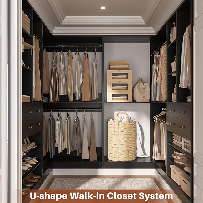 Closet System with 4 Drawers & Corner Tower, Closet Organizer System with 4 Hanging Robs, Reversible U Shaped Walk-in Closet System, Load 2600+LBS Capacity, Set of 4, Black