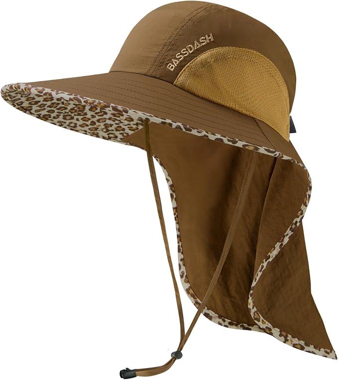BASSDASH UPF 50+ Unisex Water Resistant Wide Brim Sun Hat with Large Neck Flap Ponytail Fishing Hat for Men Women