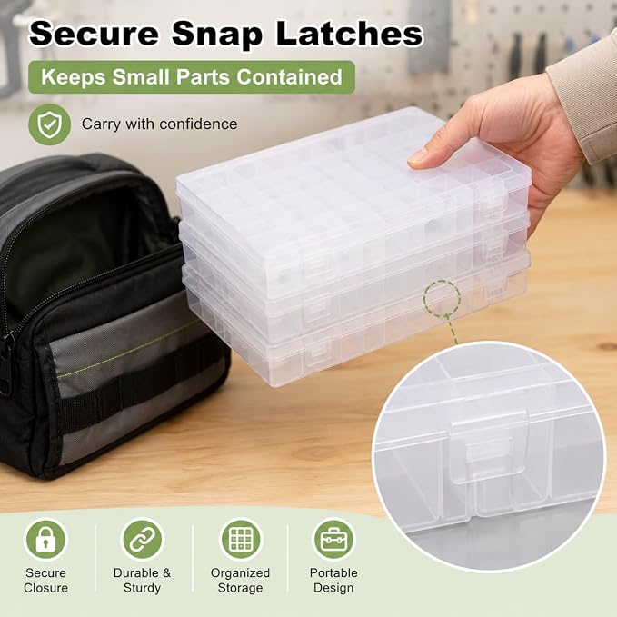 APACALI 4 Pack Large Clear Organizer Box with Dividers, 24 Adjustable Compartments Storage Case for Beads, Crafts, Fishing Lures & Small Parts