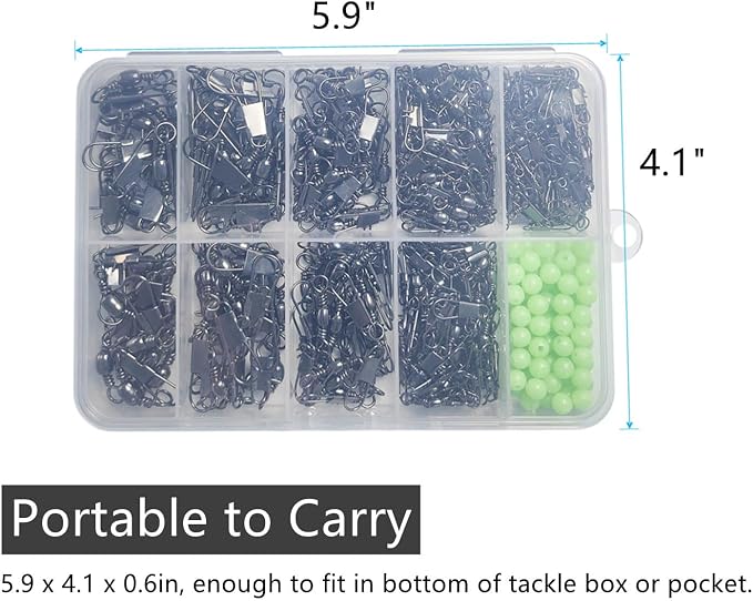 Drchoer Fishing Barrel Swivels with Snap Kit: 350pcs/box Interlock Snap Swivel Size 2# 4# 6# 8# 10# 12# and Beads Set for Saltwater Freshwater Fishing Line Hook Connector