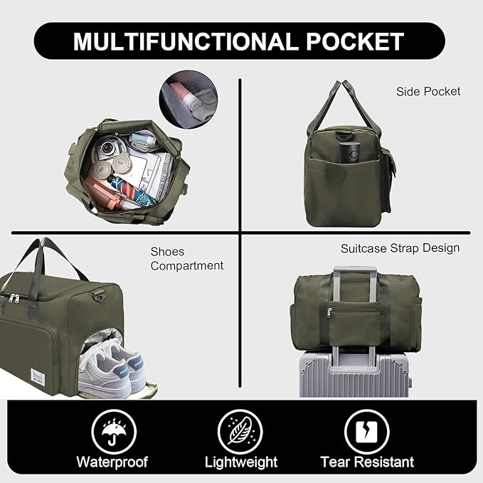 Suruid Gym Bag for Women Men, Travel Duffle Bag Large Capacity Carry On Weekender Bag With Shoe Compartment Gym Tote Dry Wet Separation Duffel Bag with Makeup Bag, Olive Green