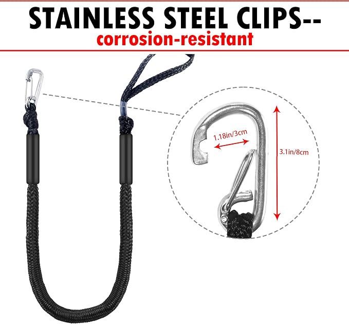Boat Bungee Dock Lines – Adjustable Boat Tie Downs for Pontoon, Jet Ski, PWC, Kayak | Single Hook Small Cruiser Mooring Lines | (2, Black, 4 Feet)