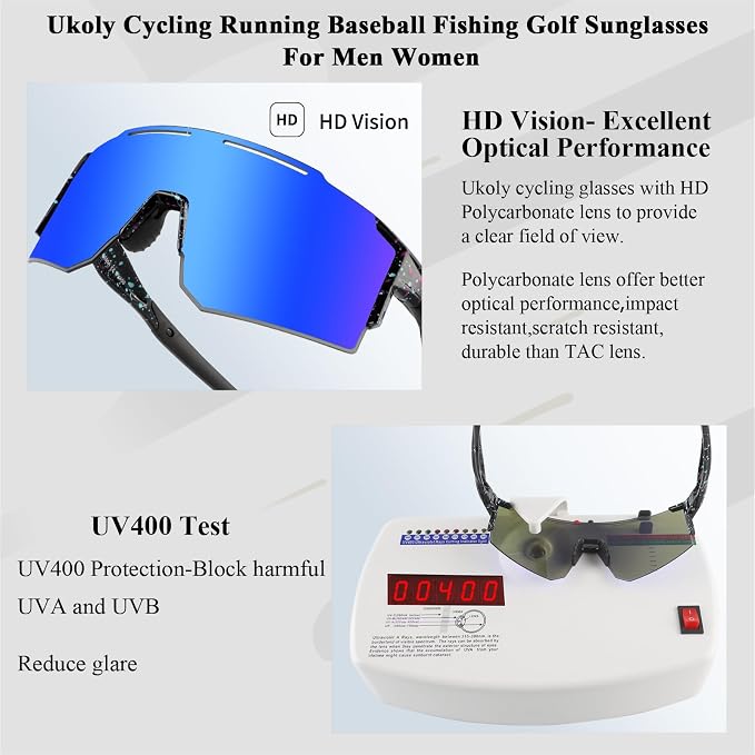 Ukoly Cycling Sunglasses for Men Women with 3 Interchangeable Lenses, Polarized Sports Sunglasses, Baseball Sunglasses