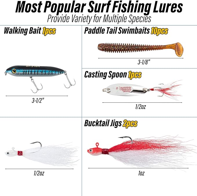 Dr.Fish 269 Pieces Surf Fishing Tackle Box Kit, Saltwater Ocean Beach Fishing Gear Supplies, Lure&Rig Accessories, Bucktail Jigs Saltwater Lures Walking Bait Surf Casting Pyramid Sinkers