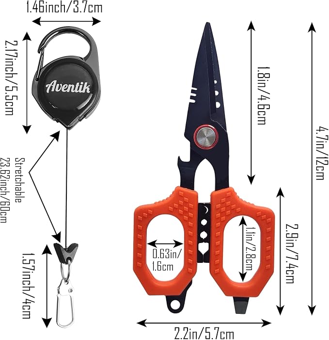 Eupheng 4.7 In Pro Fishing Scissors for Braided Line Mono Fluorocarbon with Zinger Retractor Clip, Dual Serrated Titanium-Coated Blades, Multifunction Fishing Shears