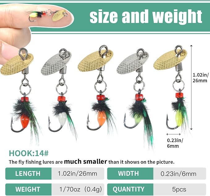 5-Pack Artificial Fly Fishing Lures with Spinner Blades, Ideal for Bass, Trout, Sunfish & Pike Fishing