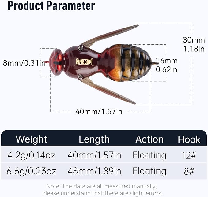 Kingdom Wasp Craw Bait Insect Bionic Floating Fishing Lures Swimbaits Hard Artificial Baits Lure for Freshwater and Saltwater Bass Carp Pike Walleye Fishing ABS Material Carbon Steel Three Book Hook