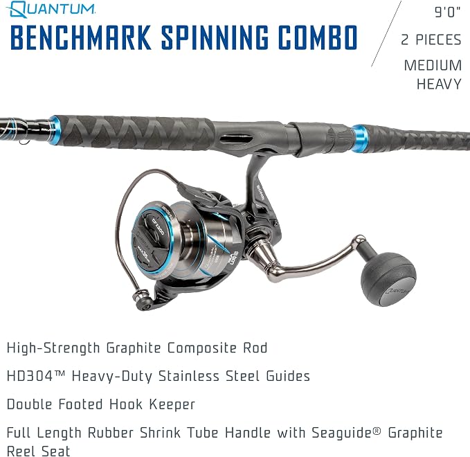 Quantum Benchmark Spinning Reel and Fishing Rod Combo, Graphite Composite Blank, 5+1 Bearings, Silver/Blue