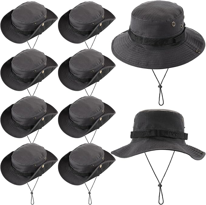 Xtinmee 10 Pcs Bucket Hat Bulk Safari Hat Wide Brim Boonie Hiking Fishing with Chin Strap for Women Men Adult Summer
