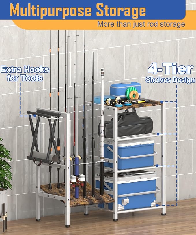 Fishing Rod Holders for Garage, Fishing Pole Holder Stand with Multifunctional Hook, 4 Tier Fishing Gear Equipment Organizers Rack, Fits Most Rods of 1.58" for Home Entryway Corner
