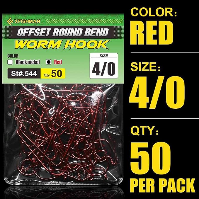 Offset-Worm-Hooks-for-Bass-Fishing-Round Bend Plastic Worms Texas Rig Hook Black Red 1/0 2/0 3/0 4/0
