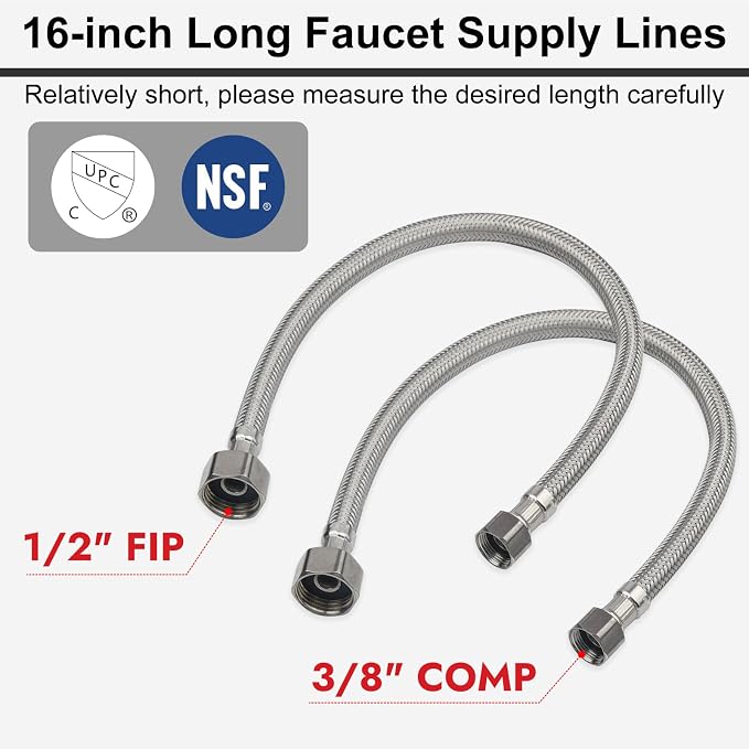 Midanya Faucet Supply Lines,16" Stainless Steel Braided Water Supply Line, 1/2" FIP x 3/8" COMP Faucet Hose, Faucet Hose Connector x 2 Pcs (1 Pair)