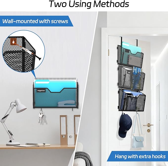 6 Pack Metal Wall File Organizer, Heavy Duty Hanging Mail Holder, Space Saving Over Door & Wall Mounted Storage for Office, Home & School(with 2 Metal Hooks)