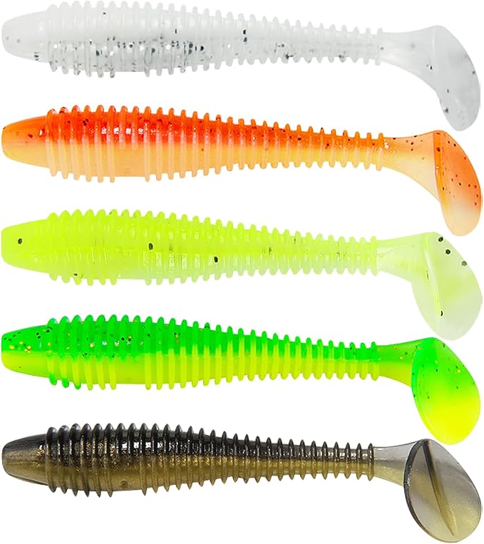 Soft Fishing Lures Kit Paddle Tail Swimbaits Plastic Worms Set Mixed Color Minnow Jerkbait Bass Lure Baitsfor Trout,Walleye,Crappie
