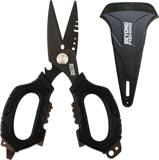 Beyond Fishing 6.5" Pro Fishing Shears Dual Serrated Blades, Fishing Braided Line Scissors with Titanium Coating, Non-Slip Grip & Multifunction Tool, Includes Hard Molded Locking Sheath