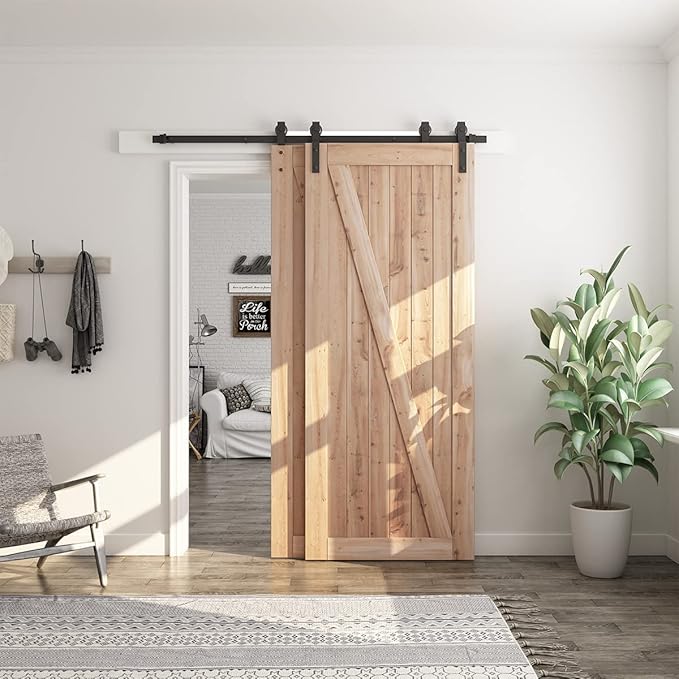 SMARTSTANDARD 6 Feet Bypass Sliding Barn Door Hardware Kit - for Double Wooden Doors-Single Track - Smoothly & Quietly - Easy to Install-Fit 60" Opening
