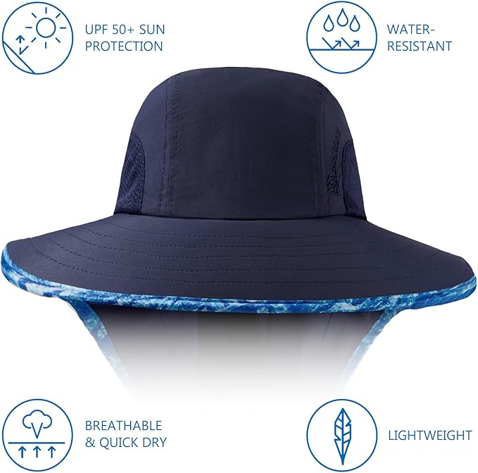 BASSDASH UPF 50+ Unisex Water Resistant Wide Brim Sun Hat with Large Neck Flap Ponytail Fishing Hat for Men Women