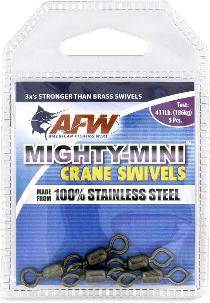 AFW American Fishing Wire Fishing Swivels - Mighty Mini 100% Stainless Steel Crane Swivels, 3X Stronger Than Brass, for Terminal Tackle Box, Up to 600lb Test - Fishing Gear for Fishing Line Leaders