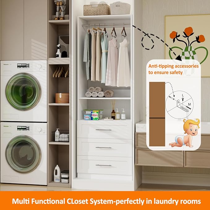 Closet System with 9 Drawers, Modular Closet Organizer System with 6 Hanging Rod, Custom Closet Storage System for Small Walk-in Closet, 3 Sets,White (6FT)