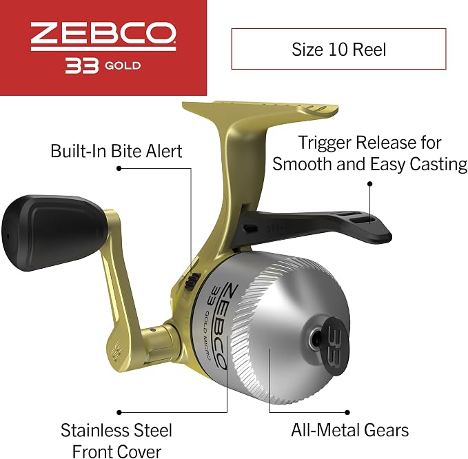 Zebco 33 Gold Spincast Fishing Reel, Changeable Right or Left-Hand Retrieve, All-Metal Gears, Pre-Spooled with Zebco Cajun Fishing Line