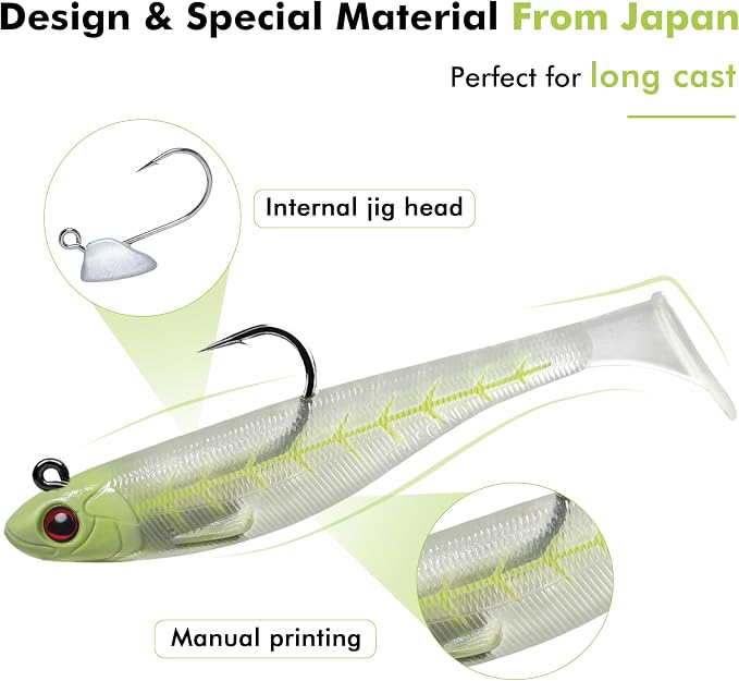 TRUSCEND Shadtale Easy Catch Soft Fishing Lures with BKK Hooks - Trembly Sinking and Vibrating Swim for More Bites, Pre-Rigged Swimbaits for Bass, Trout, Crappie, Walleye, Freshwater Saltwater Fishing