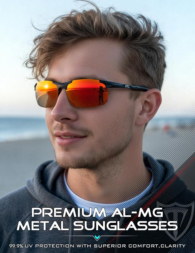 ATTCL 0.9 oz Polarized Sunglasses Men Sports: UV Protection Anti Glare Wrap Around Lightweight Metal Fishing Golf Running