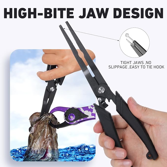 Golden J Teflon Fishing Pliers, Multi-Function Hook Remover-Long Nose Pliers, PE/Braided Line Cutter, Saltwater Resistant Fishing Gear, For Deep-Sea, Ice & Surf Fishing - Ideal for Anglers