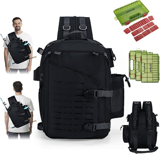 Goture Black Tackle Bag with Trays, Fishing Backpack for Men Professional Fishing Gear Organizer with MOLLE System, Rod Holder