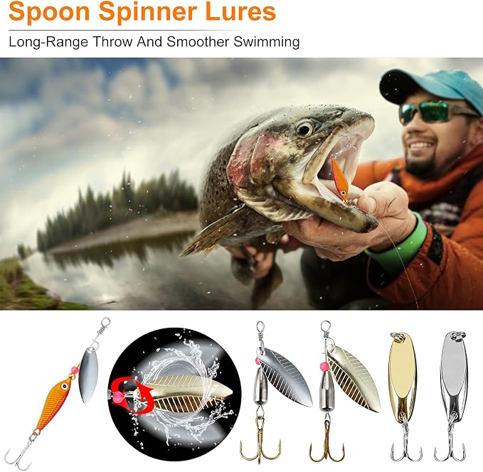PLUSINNO Fishing Lures Fishing Tackle Box Fishing Gifts for Men, Bass, Trout Fishing Accessories Kit for Saltwater & Freshwater Fishing Gear Including Topwater Lures, Hooks, Spinnerbaits