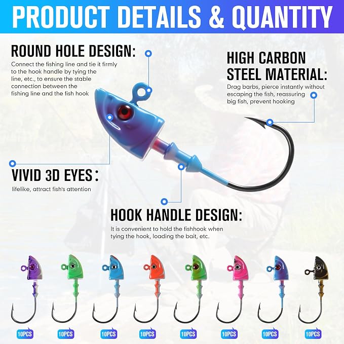 Vinsot Crappie Jig Heads 1/4oz 1/8oz 3/8oz 1/16oz 1/32oz Fishing Jig Hooks Simulation Fish Eye Ball Hook Bulk for Crappie Bass Trout Lures Gift