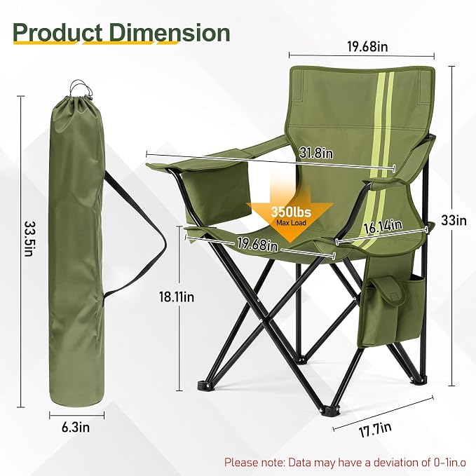 Outvita Heavy Duty Camping Chair with Insulated Cooler, 350LBS Folding Portable Chair with Cup Holder, Side & Back Pockets, Outdoor Foldable Chair for Camping Fishing Tailgating Beach
